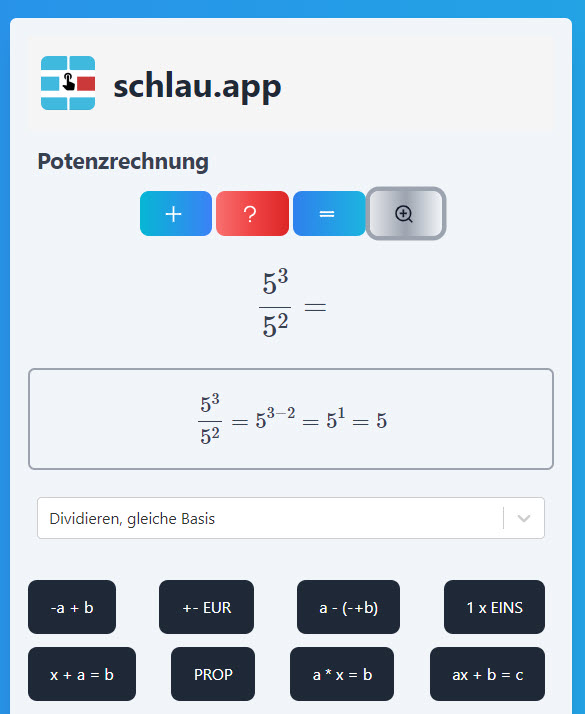 Potenzgesetz: Division bei gleicher Basis