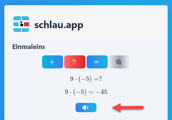 Sprachbutton: neun mal minus fünf gleich minus fünfundvierzig